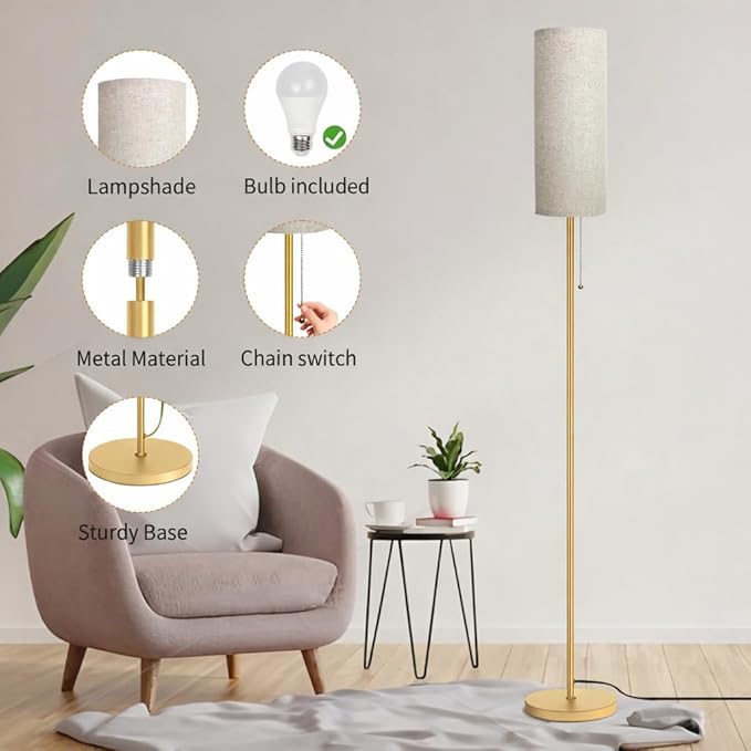 Ldeco Modern Floor Lamp for Living Room, Gold Standing Lamps with 3 Color Temperatures Bulb, Minimalist Tall Lamp with Chain Switch for Bedroom, LED Bulb Included(Beige Shade+Gold)