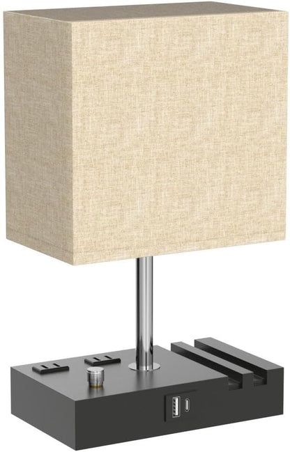 Kakanuo Table Lamp for Bedroom with Dual USB Ports, Beige Fully Dimmable Bedside Lamp with Phone Stands and 2 Charging Outlets, Desk Lamp for Nightstand and Living Room, LED Bulb Included