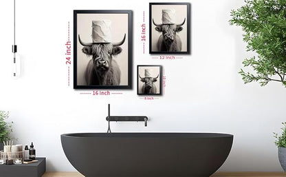 ARKZSHO Black and White Bathroom Wall Art, Funny Highland Cow Canvas Poster Print Picture, Modern Farmhouse Wall Decor Painting, Cute Animal Bathroom Restroom Home Decoration 12x16 Inch Wood Framed