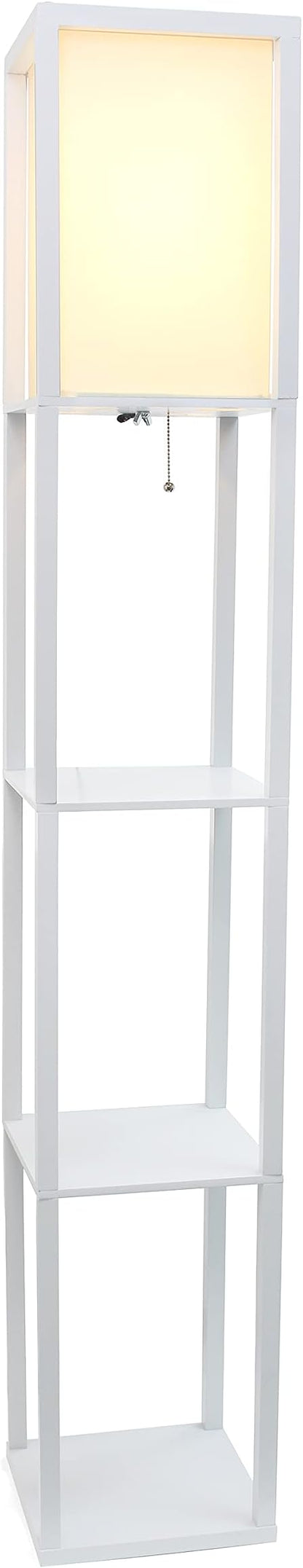 Simple Designs LF1014-WHT-LB Three Shelf Etagere Organizer Storage Floor Lamp with White Linen Shade for Living Room, Bedroom, Office, Hallway, White, with Feit LED Bulb Included