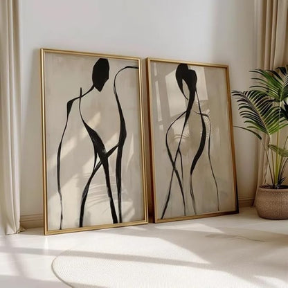 ZHBJSM Abstract Figure Wall Art Set of 2 Modern Minimalist Elegant Black People Line Subtle Texture Neutral Tone Home Living Room Bedroom Chic Modern Interior Decor 12x16 Inch Unframed