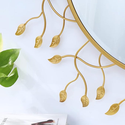 Chende 39" x 39" Gold Decorative Wall Mirror, Large Round Mirror with Metal Leaves, Gold Frame for Living Room, Entrance, Dining Room, Bedroom
