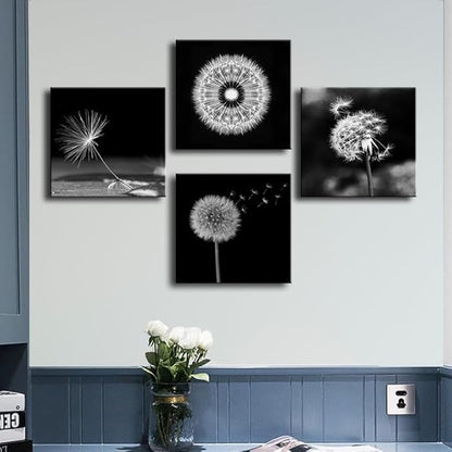 weiyiart Black and White Floral Wall Art, Dandelion Canvas Painting Prints Artwork, Rustic Minimalist Flower Botanical Pictures for Farmhouse Bathroom Bedroom Living Room Decor, 16x16x4pcs
