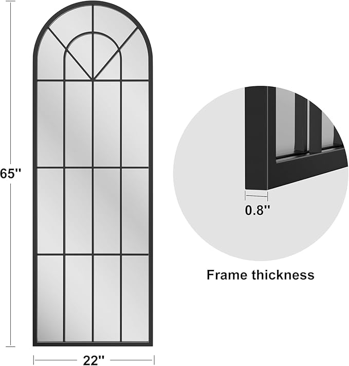 Degfig Arched Full Length Mirror with Grids, 65"X22", Arched Window Pane Wall Mirror, Floor Standing Mirrors, Farmhouse Long Full Body Mirrors Wall Mounted for Living Room, Bedroom, Entryway, Black