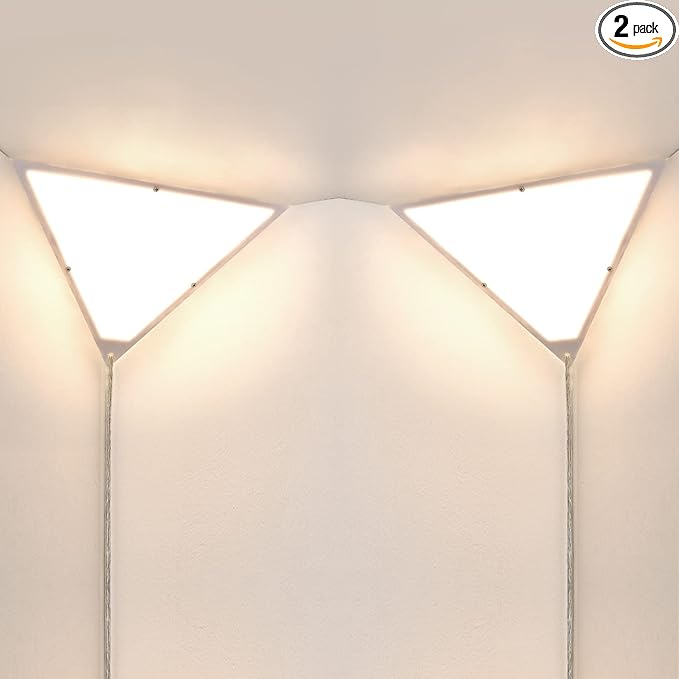 Corner Light with Switch, Ceiling Corner Lights for Living Room, Plug in Ceiling Light for Dark Area, Lamp for Bedroom, Kids Room, Triangle Shape, White Acrylic (2 Pack)
