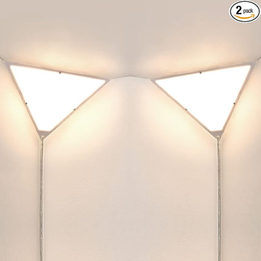 Corner Light with Switch, Ceiling Corner Lights for Living Room, Plug in Ceiling Light for Dark Area, Lamp for Bedroom, Kids Room, Triangle Shape, White Acrylic (2 Pack)