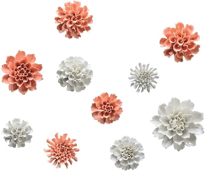 Ceramic Flower Wall Art, Artificial 3D Handmade Porcelain Flower Wall Hanging Sculpture Decor for Home Office (Orange Pink, Paeonia Lactiflora, 2.95")