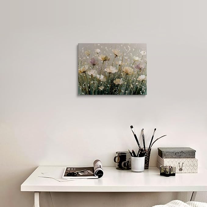 Organic Modern Abstract Floral Canvas Wall Art Framed Oil Painting Impressionist Neutral Beige White Vintage Botanical Print Wall Decor Artwork Poster for Living Room Bedroom Office 12x16 Inches