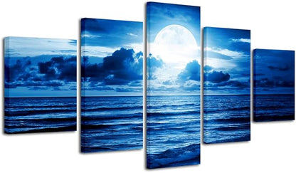 Pyradecor Blue Clouds Modern 5 Panels Moon Sea Beach Canvas Wall Art Large Gallery Wrapped Landscape Giclee Canvas Prints Pictures Artwork Paintings for Living Room Bedroom Home Decorations L