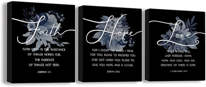 Faith, Hope & Love Bible Verse Inspirational Wall Art, Christian Canvas Wall Art, A Great Religious Decor Gift for Living Room & Bedroom, (8 X 10in X 3 pcs) Framed (Black)