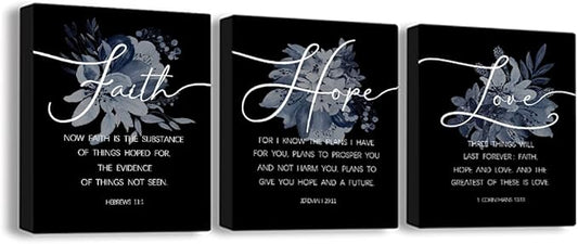 Faith, Hope & Love Bible Verse Inspirational Wall Art, Christian Canvas Wall Art, A Great Religious Decor Gift for Living Room & Bedroom, (8 X 10in X 3 pcs) Framed (Black)