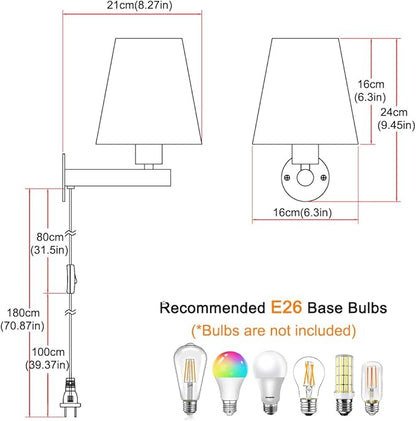 Gold Plug in Wall Sconces Set of Two, Brass Wall Sconce Lights for Bedroom Plug in, Wall Lamp with On/Off Switch Cord, Bedside Plugged Wall Mounted Light with Fabric Linen, Wall Decor for Living Room
