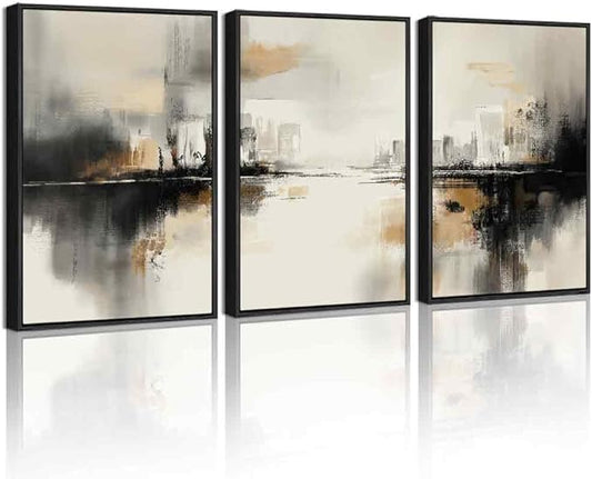 Drsoum Vintage Black Gray Abstract Wall Art Framed Brown Tan Neutral Prints Minimalist Modern Rustic Artwork Bedroom Living Room Ready to Hang 11x14in Black Framed
