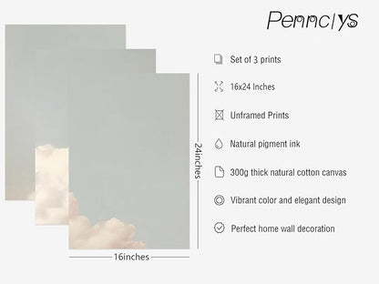 Pennclys Clouds Wall Art Decor Over The Bed Sky Canvas Wall Art Abstract Minimalist Clouds Prints Painting Blue Sky Wall Decor Pictures for Living Room Bedroom 16x24 Inch Unframed Set of 3