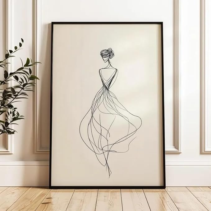 Elegant Woman Line Art Wall Art Modern Minimalist Back View Figure Sketch Neutral Tone Black Beige Home Living Room Bedroom Entryway Sophisticated Artistic Interior Decor Statement Piece 16x24 Inch Unframed