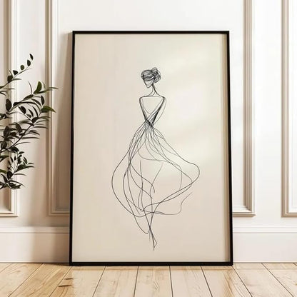 Elegant Woman Line Art Wall Art Modern Minimalist Back View Figure Sketch Neutral Tone Black Beige Home Living Room Bedroom Entryway Sophisticated Artistic Interior Decor Statement Piece 16x24 Inch Unframed