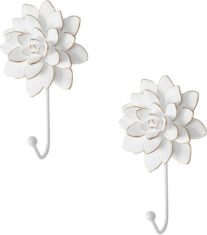 Guichifun Flower Shaped Decorative Wall Hooks - 2pcs Resin White Vintage Decor Hanger for Keys, Bags, Towels Bathroom Living Room Kitchen Home Decoration Gift 4 x 1.5 x 7 Inch