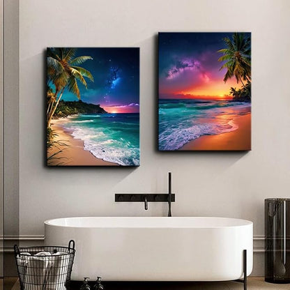 weiyiart 3-Piece Tropical Beach Wall Art, Northern Lights Ocean Sunset Canvas Prints, Palm Tree Coastal Seascape Decor for Living Room Bedroom Bathroom Office, 12"x16" Set of 3
