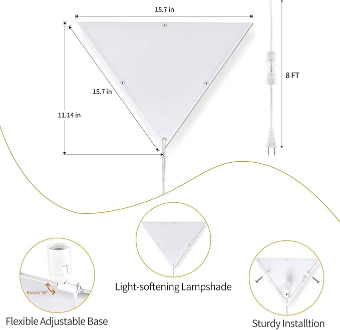 Corner Light with Switch, Ceiling Corner Lights for Living Room, Plug in Ceiling Light for Dark Area, Lamp for Bedroom, Kids Room, Triangle Shape, White, Bulb Include (1 Pack)