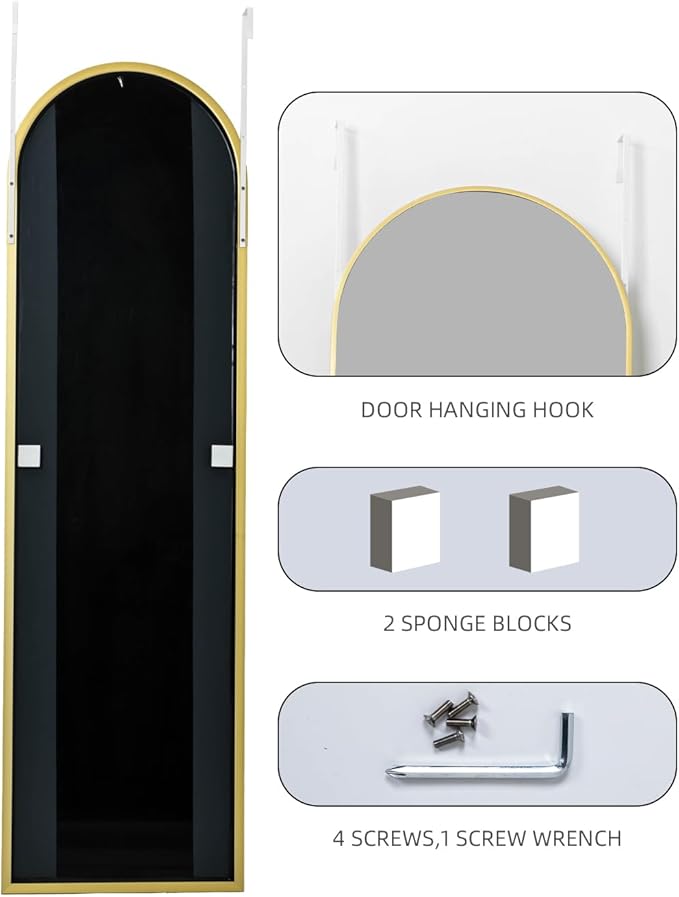 DMWOODFL Arched Over The Door Mirror 50x16 Full Length Hanging Mirror with Adjustable Height, Space-Saving, Shatterproof Tempered Glass & Aluminum Alloy Frame for Bedroom, Dorm, Entryway, Gold