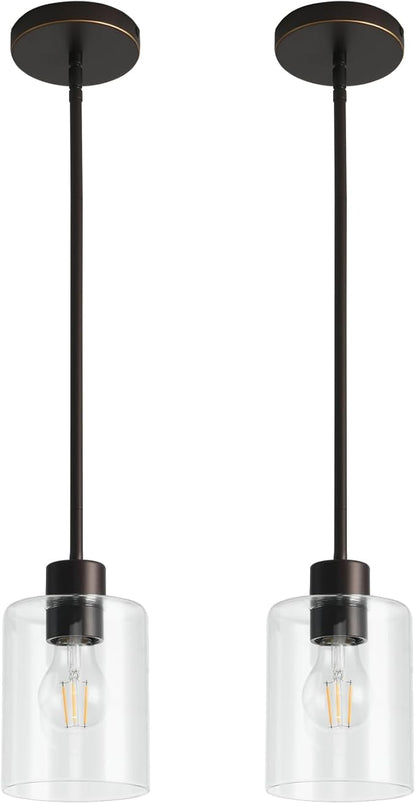 2 Pack Brown and Gold Pendant Lights for Kitchen Island, Modern Brown Hanging Light with Clear Glass Shade, Adjustable Metal Rod Pendant Lighting for Dining Room, Bar, Living Room