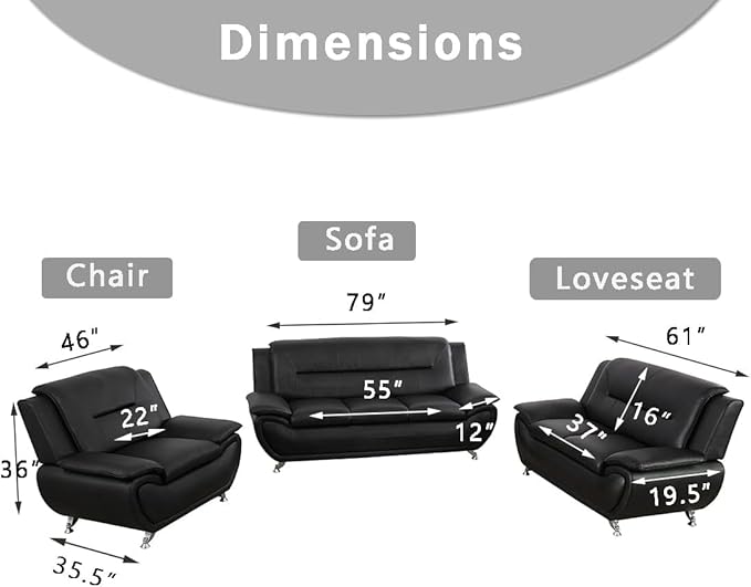 Living Room Sofa Sets, Living Room Furniture Sets, Black Leather Loveseat and Chair for Apartment, Minimalist Style Material, Easy Assembly