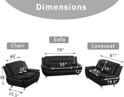 Living Room Sofa Sets, Living Room Furniture Sets, Black Leather Loveseat and Chair for Apartment, Minimalist Style Material, Easy Assembly