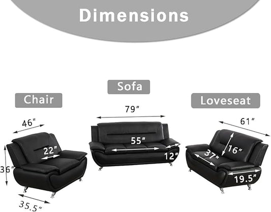 Living Room Sofa Sets, Living Room Furniture Sets, Black Leather Loveseat and Chair for Apartment, Minimalist Style Material, Easy Assembly