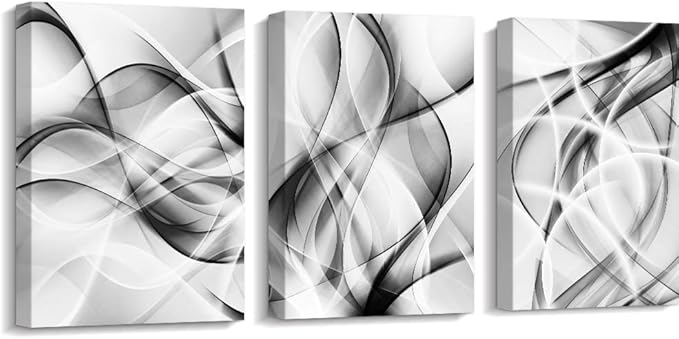 Creoate Black and White Grey Wall Art for Bedroom, 3 Panels Abstract Lines Art Canvas Print Artwork Set Modern Home Decoration for Bathroom Living Room, 12x16 Inches