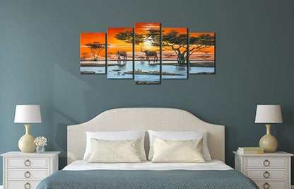 Wieco Art Elephant Family Canvas Prints Wall Art Animals Paintings Reproduction Pictures for Living Room Bedroom Home Decorations Modern 5 Panel Stretched and Framed African Landscape Giclee Artwork
