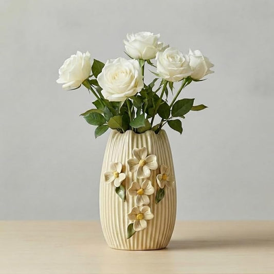 Yellow Ceramic Vase - 7 Inch Small Decorative Vases Home Decor, 3D Modern Flower Vase, Centerpiece Table, Shelf, Mantel, Kitchen, Living Room Decor