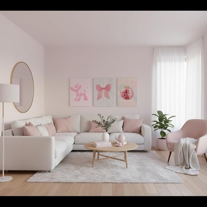 Yxjyzzkx Pink Cute Wall Art Set of 3 – Aesthetic Canvas Prints for Girls Room, Nursery & Kids Bedroom, Pink Bow Balloon Dog Chandelier Artwork, Modern Kawaii Wall Decor