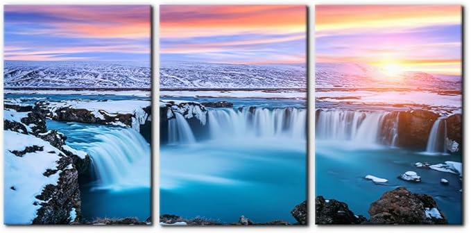 Pacimo 3 Pieces Canvas Wall Art Tropical Waterfall Pastel Sunset Horizon Pictures Prints Nature Landscape Modern Artwork for Walls Painting Home Office Wall Decor Framed Ready to Hang - 16"x24"x3