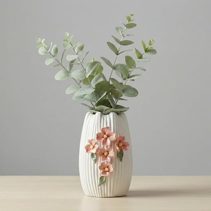 Small White Vase - 7 Inch Ceramic Modern Vase for Pampas Grass, 3D Sculpted Minimalist Flower Vases Home Decor, Living Room, Office Desk, Table, Centerpiece Decor