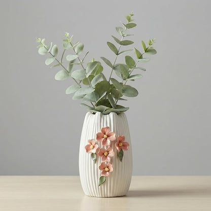 Small White Vase - 7 Inch Ceramic Modern Vase for Pampas Grass, 3D Sculpted Minimalist Flower Vases Home Decor, Living Room, Office Desk, Table, Centerpiece Decor
