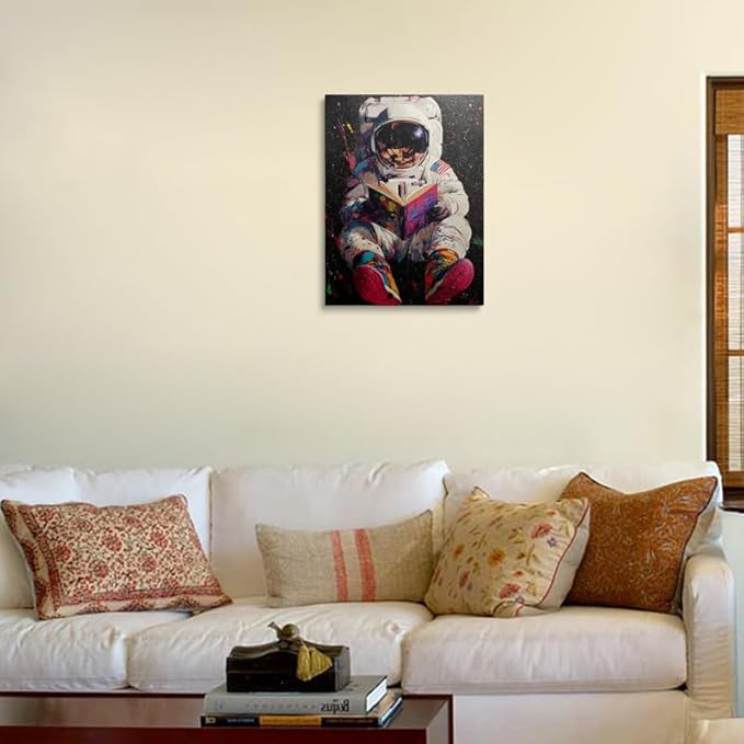 Colorful Pop Astronaut Outer Space Theme Classroom Decor Framed Graffiti Spaceman Contemporary Wall Art Canvas Cool Kids' Gifts Galaxy Prints Banksy Poster Universe Trippy Painting (16"x24")