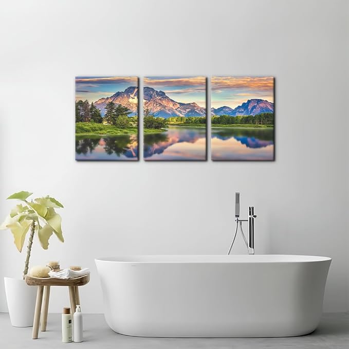 Pacimo Nature Canvas Wall Art Sunset Sunrise Mountain Pictures Grand Teton National Park Canvas Print River Forest Landscape Artwork for Living Room Bedroom Home Office Wall Decoration - 12"x16"x3