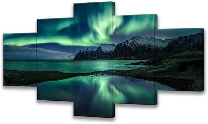 Aurora Borealis Wall Art Painting for Office Bedroom Scenery Landscape Canvas Print Framed Picture Northern Lights Poster Artwork Ready to Hang(50Wx24H)