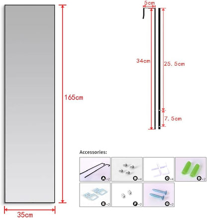 ANYHI Large Full Length Mirror, 65"x13.8" Door Mirror Full Length, 2 Hooks, Over The Door or Wall Monuted, Aluminum Frame, for Bedroom Bathroom Checkroom, Black