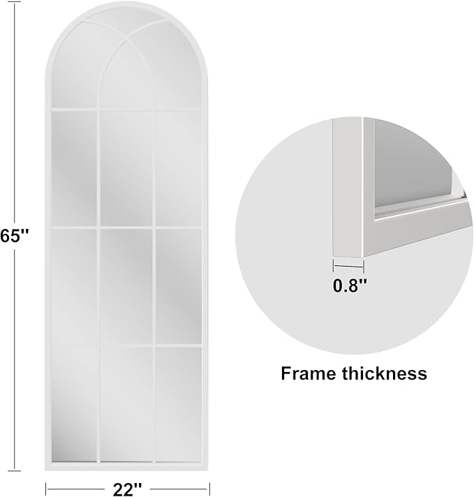 OGCAU Full Length Arched Floor Mirror, 65"x22" Window Pane Design, Decorative Hanging or Leaning, Full Body with Iron Frame for Bedroom Living Room (White)