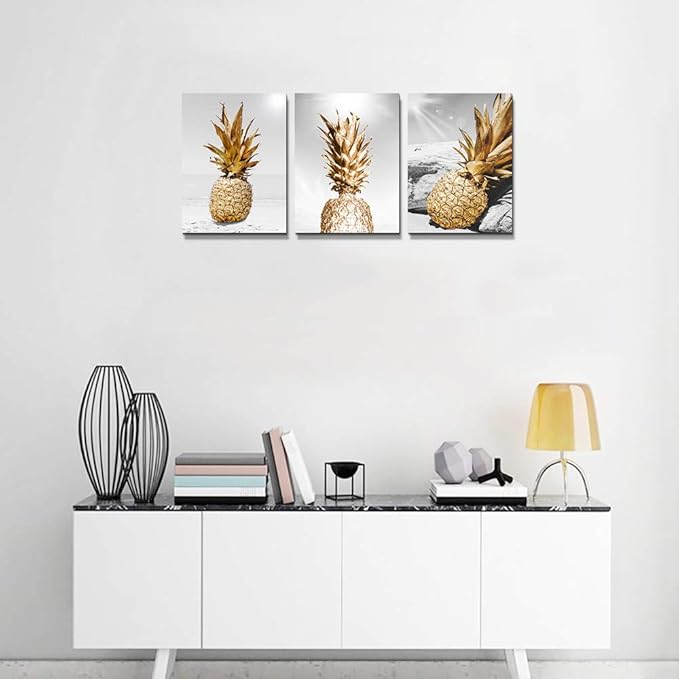Canvas Wall Art For Bar Kitchen Restaurant Wall Decor Living Room Bathroom Home Decoration Black And White Beach Scenery Golden Pineapple Pictures Office Decor Artwork Ready To Hang 12x16 3 Piece