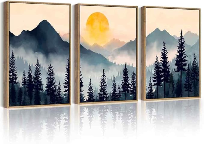 PHOPAGO Blue Fog Pine Tree Mountain Landscape Framed Wall Art Retro Watercolor Nature Misty Forest Artwork Paints Sun Rise Rustic Farmhouse Home Decor - 11x14in Natural Framed