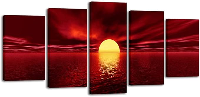 Wieco Art Red Sun Canvas Prints Wall Art Ocean Sea Beach Pictures Paintings Ready to Hang for Living Room Bedroom Home Decorations Modern 5 Piece Stretched and Framed Grace Landscape Giclee Artwork