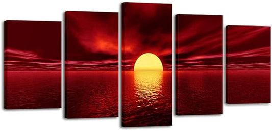 Wieco Art Red Sun Canvas Prints Wall Art Ocean Sea Beach Pictures Paintings Ready to Hang for Living Room Bedroom Home Decorations Modern 5 Piece Stretched and Framed Grace Landscape Giclee Artwork