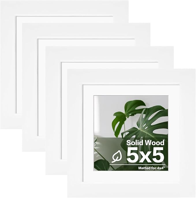 Egofine 5x5 Picture Frames Set of 4, Made of Solid Wood Covered by Plexiglass Display 4x4 with Mat or 5x5 without Mat, for Table Top Display and Wall Mounting Photo Frame, White