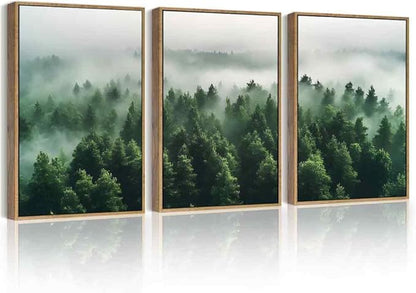 PHOPAGO Green Fog Pine Tree Framed Wall Art Nature Misty Nordic Forests Artwork Morden Paints Bedroom Living Room Home Decor - 12x16in Natural Framed
