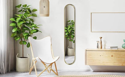 OUSHUAI Gold Full Length Oval Mirror,Narrow Capsule Long Mirrors with Metal Frame for Entryway,Hallway,Living Room 44"X8" (1pc)