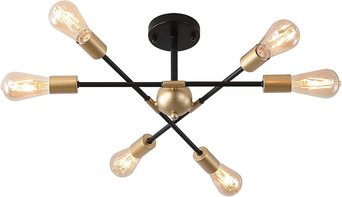 MEIXISUE Modern Semi Flush Mount Ceiling Light Fixture Black and Gold Close to Ceiling Light 6-Light Sputnik Chandelier Light Fixture for Hallway Entryway Bedroom Kitchen Dining Room UL Listed