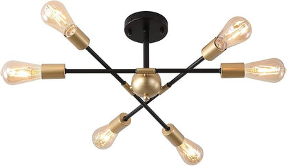 MEIXISUE Modern Semi Flush Mount Ceiling Light Fixture Black and Gold Close to Ceiling Light 6-Light Sputnik Chandelier Light Fixture for Hallway Entryway Bedroom Kitchen Dining Room UL Listed