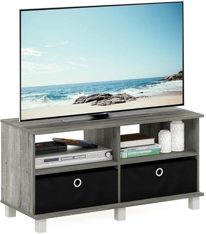 Furinno Andrey Entertainment Center with Bin Drawers, French Oak Grey/Black